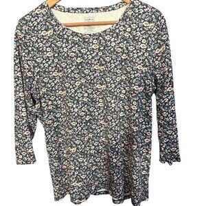 L.L.Bean Womens Floral 3/4 Sleeve Shirt L-Regular 100% Supima Cotton Made In Per